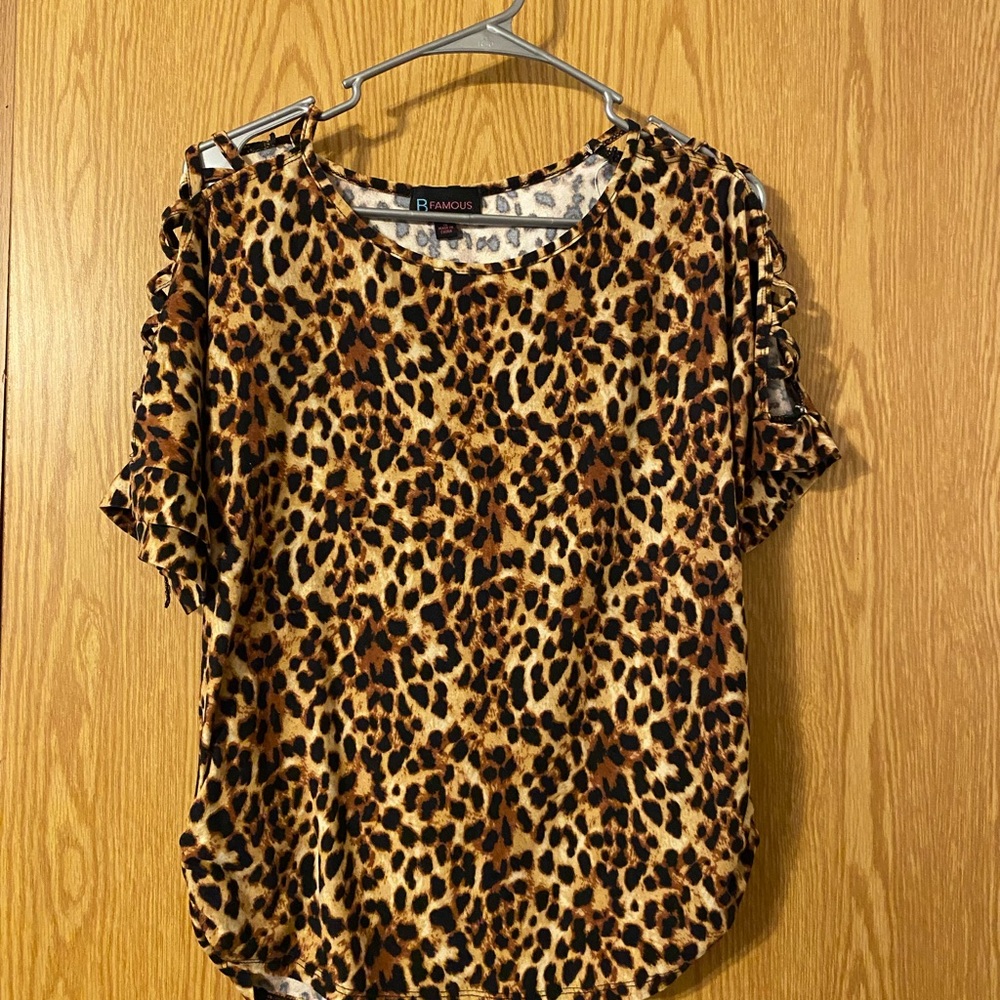 Brown and Tan Flutter Sleeve Ruffled Blouse